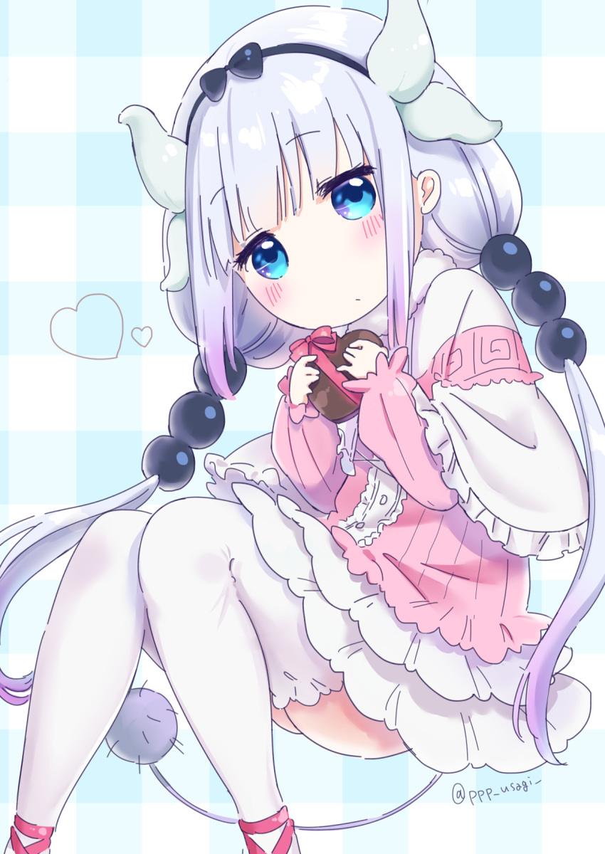 1girl bangs beads blue_eyes blunt_bangs blush capelet chocolate chocolate_heart commentary_request dragon_girl dragon_horns dress gift hair_beads hair_ornament hairband heart highres holding holding_gift horns kanna_kamui knees_together_feet_apart kobayashi-san_chi_no_maidragon lavender_hair long_hair looking_at_viewer ribbon solo tail thigh-highs twintails twitter_username usako_(ppp_usagi_) valentine white_legwear