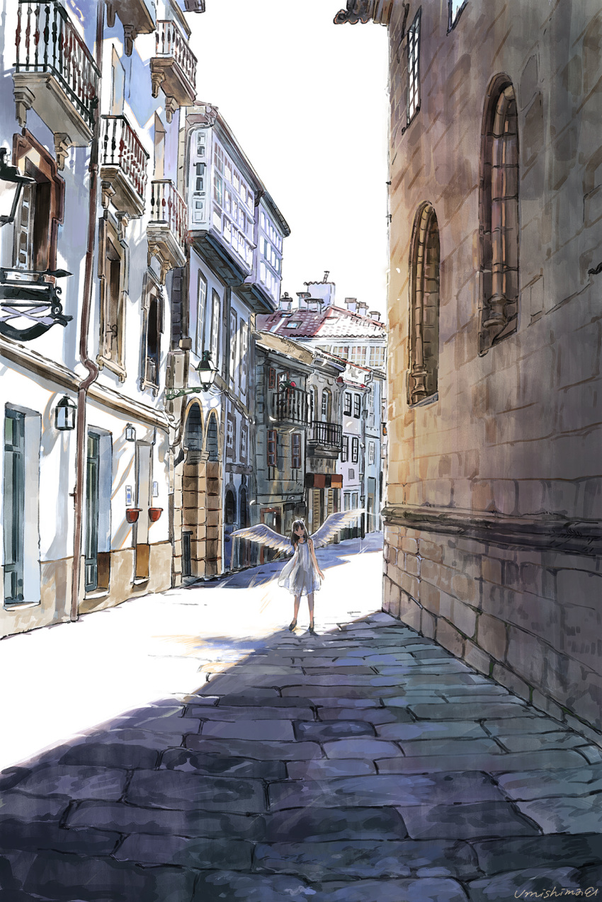 1girl alley angel angel_wings brown_hair building city commentary dress highres kaisen lamp long_hair muted_color open_mouth original portugal real_world_location road scenery see-through_silhouette shade signature sky street sundress sunlight white_dress white_wings wings