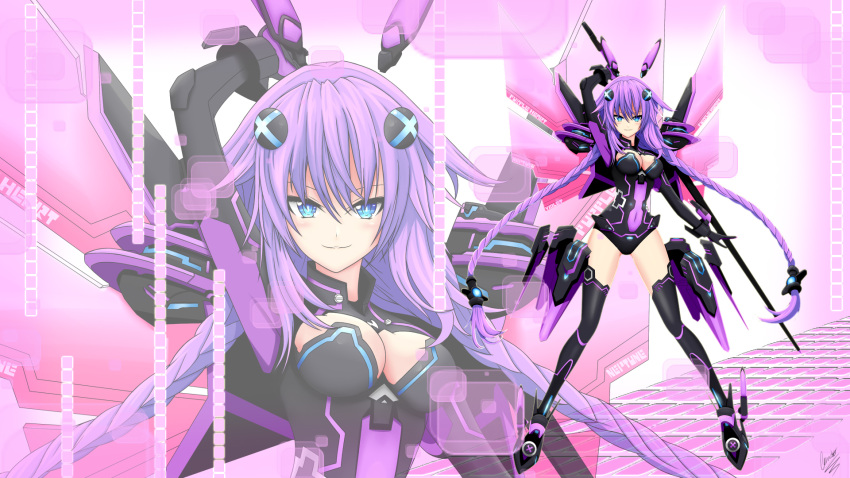 1girl blue_eyes blush bodysuit breasts choujigen_game_neptune cleavage cundodeviant highres large_breasts long_hair looking_at_viewer neptune_(choujigen_game_neptune) neptune_(series) purple_hair purple_heart smile solo thigh-highs
