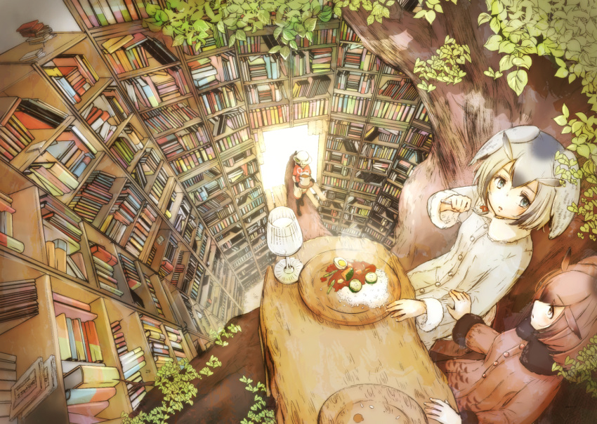 3girls black_legwear bookshelf brown_hair coat curry curry_rice eating eurasian_eagle_owl_(kemono_friends) food grey_hair hat head_wings kaban kemono_friends library multiple_girls northern_white-faced_owl_(kemono_friends) omiomi_kekyu rice shirt short_hair shorts t-shirt