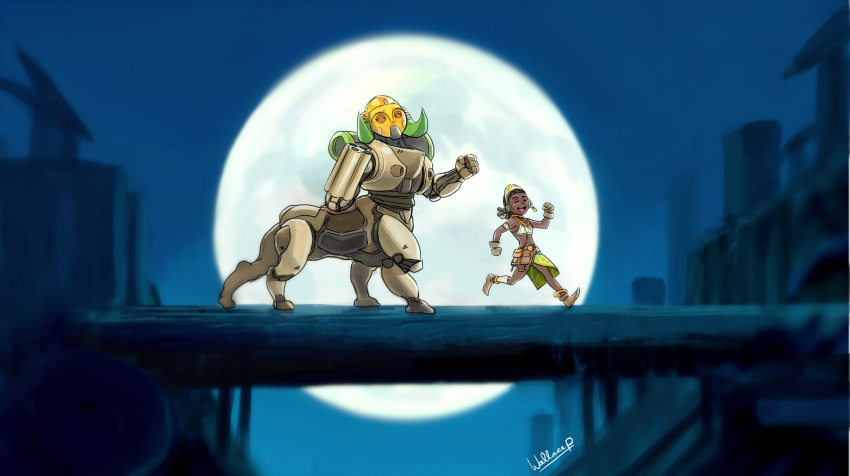 2girls ^_^ absurdres arm_cannon armband black_hair blizzard_(company) centauroid clenched_hands closed_eyes crop_top dark_skin disney efi_oladele facepaint full_moon gloves hakuna_matata highres jewelry moon multiple_girls necklace no_mouth omnic orisa_(overwatch) overwatch parody robot running sleeveless the_lion_king very_dark_skin wallace_pires weapon