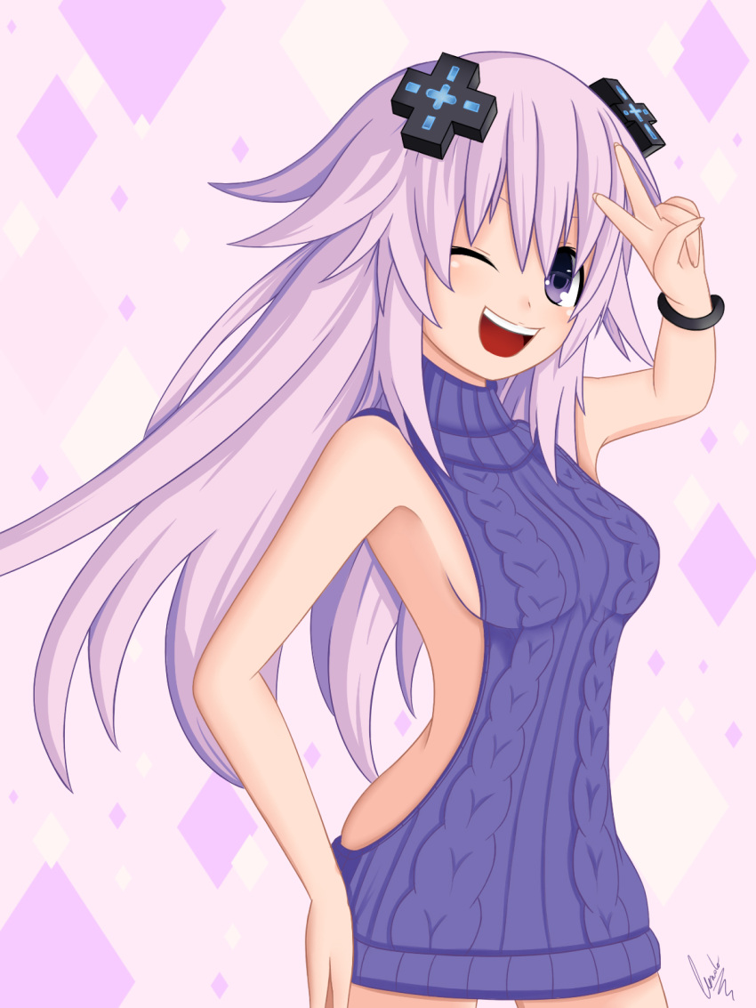 1girl adult_neptune backless_outfit bare_back bare_shoulders blush breasts choujigen_game_neptune cundodeviant d-pad dress hair_ornament halterneck highres lavender_hair long_hair looking_at_viewer meme_attire naked_sweater neptune_(series) no_bra no_panties one_eye_closed open-back_dress open_mouth purple_sweater shin_jigen_game_neptune_vii shiny shiny_hair shiny_skin sideboob smile solo striped striped_legwear sweater sweater_dress sweater_vest tied_hair turtleneck turtleneck_sweater v violet_eyes virgin_killer_sweater