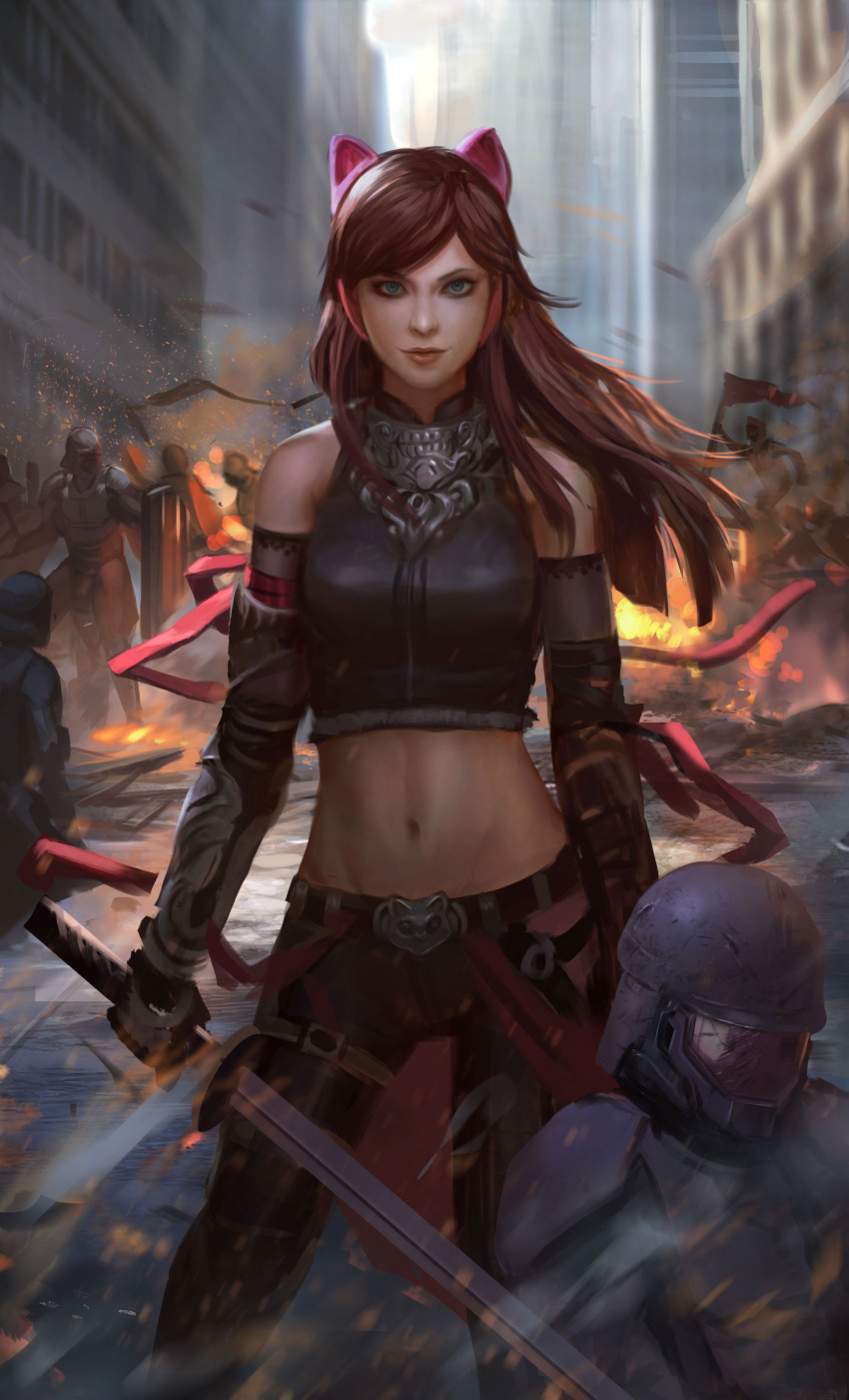 1girl absurdres andy_liong animal_ears armor belt blue_eyes blurry brown_hair building cat_ears contrapposto depth_of_field detached_sleeves embers fake_animal_ears fire flag gauntlets groin hairband helmet highres katana long_hair midriff navel original shield smile sword weapon