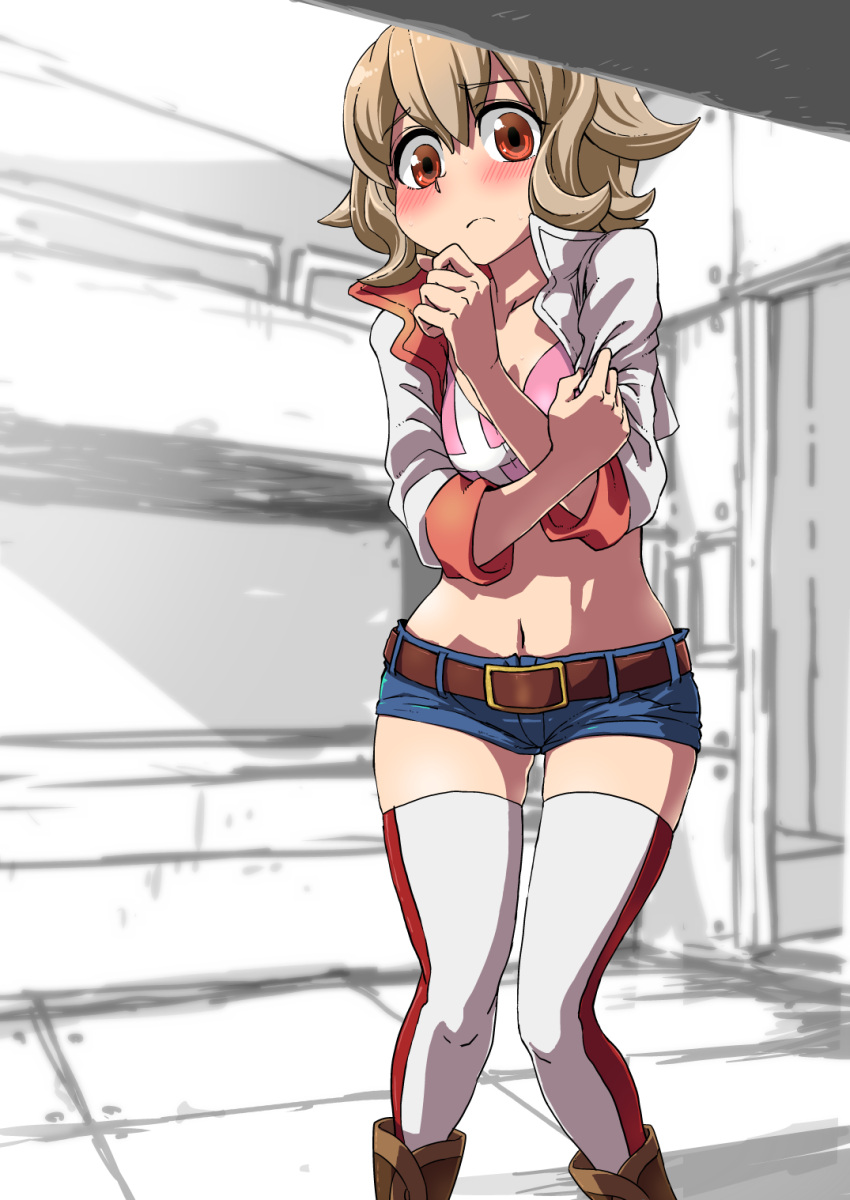 1girl atra_mixta bangs belt blue_shorts blush boots brown_eyes eyebrows_visible_through_hair gundam gundam_tekketsu_no_orphans highres looking_at_viewer midriff moyamu navel red_eyes shirt short_hair shorts solo standing thigh-highs