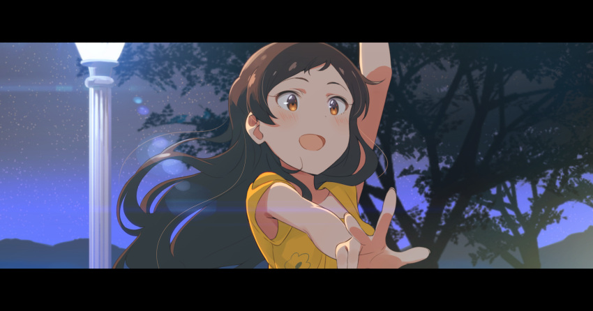 1girl :d anime_coloring armpit_peek blush brown_eyes brown_hair highres idolmaster idolmaster_million_live! kitazawa_shiho la_la_land lamppost lens_flare letterboxed long_hair night open_mouth parody red10 smile solo tree upper_body