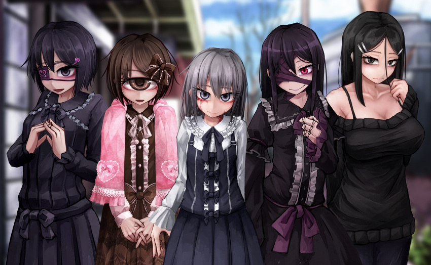 5girls ageha_(ray-k) arm_behind_back arms_behind_back asymmetrical_sleeves black_dress black_eyes blurry blurry_background bow breasts brown_dress brown_eyes brown_hair cleavage commentary_request copyright_request covered_eye cyclops doll_joints dorei_to_no_seikatsu_~teaching_feeling~ dress eyepatch frilled_dress frills fukasugi_aiko grey_eyes grey_hair hair_between_eyes hair_bow hair_ornament hairclip hand_on_own_chest hands_clasped highres hitomebore large_breasts long_hair looking_at_viewer monster_girl multiple_girls one-eyed original ray-k red_eyes ribbon shawl short_hair sidelocks smile sweater sylvie_(dorei_to_no_seikatsu) tagme usui_sachi