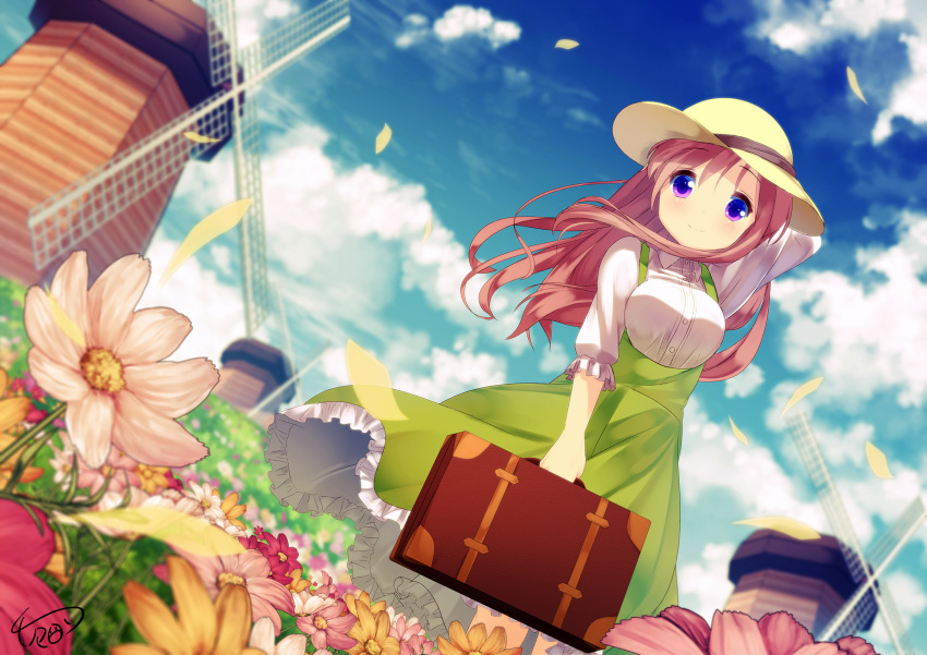 1girl arm_up bangs blue_sky blush breasts buttons carrying closed_mouth clouds collared_shirt commentary_request cowboy_shot day dress dutch_angle eyebrows_visible_through_hair flower frilled_dress frills gochuumon_wa_usagi_desu_ka? grass green_dress hat highres hoto_mocha large_breasts long_hair looking_at_viewer mokachino orange_hair outdoors petals shirt short_sleeves signature sky sleeveless sleeveless_dress smile solo standing suitcase sun_hat violet_eyes white_shirt wind windmill yellow_hat