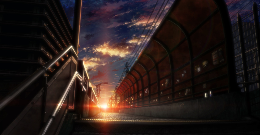 bridge building city clouds commentary dark dutch_angle highres lens_flare no_humans original poster_(object) power_lines scenery sky stairs star_(sky) sunrise tokuninashi_(uorat) vanishing_point