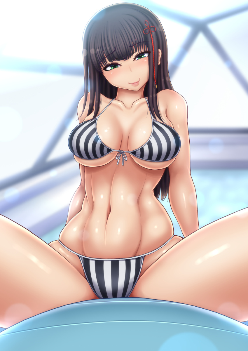 1girl abs bare_shoulders black_hair breasts cleavage collarbone green_eyes highres large_breasts long_hair looking_at_viewer medium_breasts navel persona persona_5 ponpo smile solo spread_legs swimsuit thighs tougou_hifumi