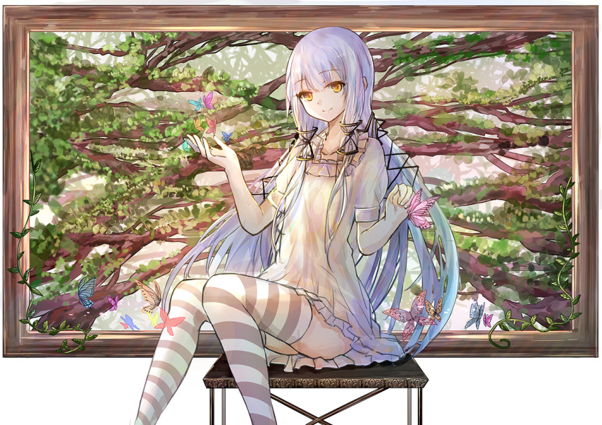 1girl bai_qi-qsr bench branch butterfly hands_up long_hair looking_at_viewer picture_frame plant purple_hair sidelocks sitting solo striped striped_legwear thigh-highs vines vocaloid vocanese xingchen yellow_eyes