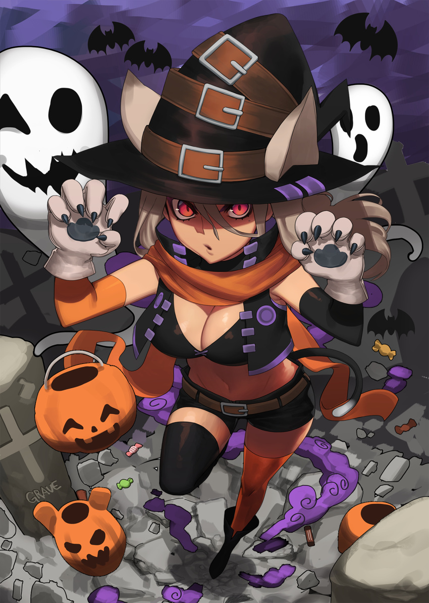 1girl :o animal_ears asymmetrical_gloves asymmetrical_legwear bat belt black_gloves black_legwear breasts bustier candy claws cleavage elbow_gloves food from_above full_body ghost gloves graveyard grey_hair hair_between_eyes halloween highres hood_(james_x) jack-o'-lantern large_breasts long_hair long_scarf looking_at_viewer midriff orange_gloves orange_legwear orange_scarf original red_eyes scarf shorts solo standing standing_on_one_leg thigh-highs tombstone vest