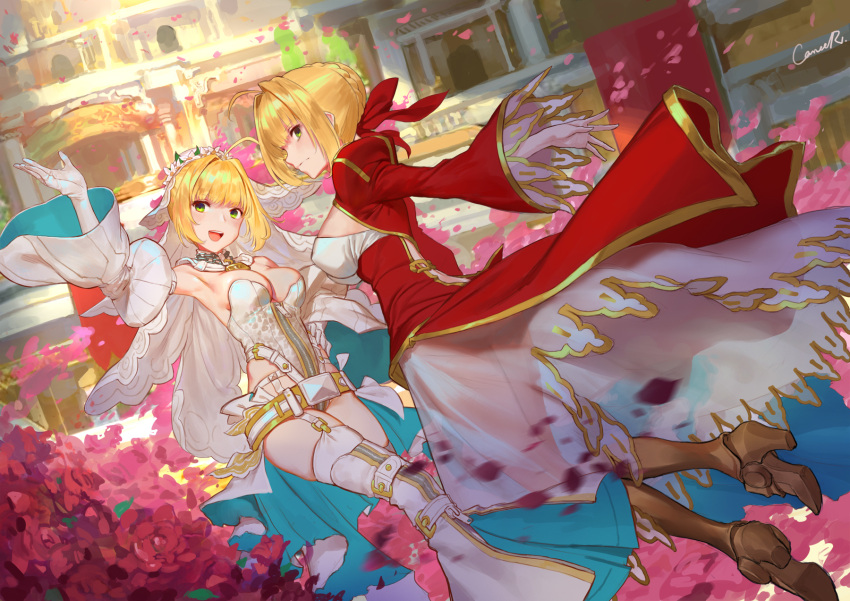 2girls :d ahoge armpits blonde_hair breasts bridal_veil cancer_(zjcconan) cleavage fate/extra fate/extra_ccc fate/grand_order fate_(series) flower garter_belt gloves highres lock looking_at_viewer medium_breasts multiple_girls open_mouth padlock rose saber_bride saber_extra short_hair smile thigh-highs veil white_gloves