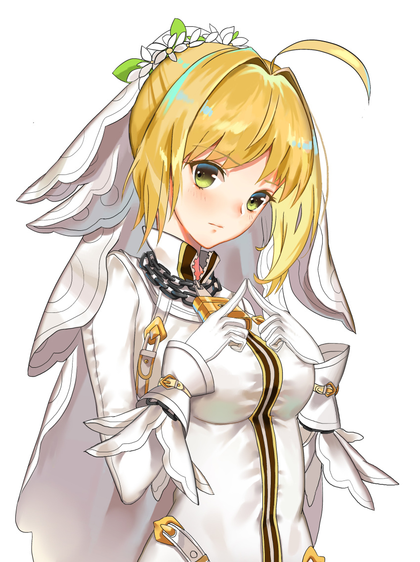 1girl absurdres ahoge asymmetrical_hair blonde_hair blush bodysuit buckle chains commentary_request fate/extra fate/extra_ccc fate_(series) fingers_together flower gloves green_eyes hands_on_own_chest highres lock long_sleeves looking_at_viewer padlock saber_bride saber_extra short_hair solo veil white_background white_bodysuit white_gloves wreath zipper