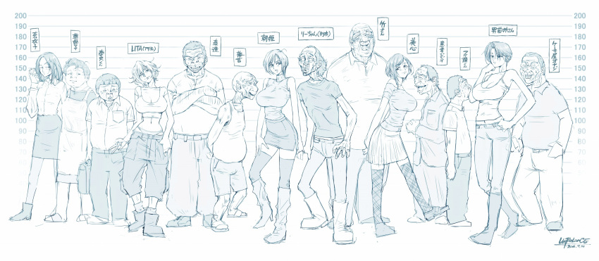 6+boys 6+girls ahoge aizawa_asahi_(unbalance) apron arms_behind_back artist_name bald bare_shoulders boots breasts cargo_pants character_name character_request crossed_arms dated everyone greyscale grin height_chart highres large_breasts lita_(unbalance) long_sleeves miko_(unbalance) monochrome multiple_boys multiple_girls navel old_man one_eye_closed original otokomaene-san_(unbalance) pants pencil_skirt short_hair shorts side_slit skirt sleeveless smile tank_top thigh-highs thong translation_request ugly_man umekichi_(unbalance) unbalance v wrinkles