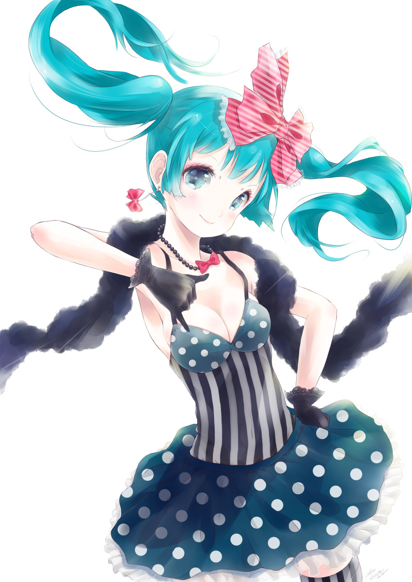 1girl absurdres aqua_eyes aqua_hair breasts cleavage earrings gloves hatsune_miku highres jewelry kowiru long_hair simple_background solo thigh-highs twintails vocaloid