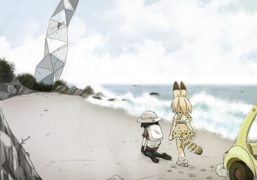 2girls animal_ears backpack bag beach black_gloves black_hair blonde_hair blue_sky bucket_hat cat_ears cat_tail clouds elbow_gloves gloves ground_vehicle hat hat_feather japari_bus kaban kamishima_kanon kemono_friends motor_vehicle multicolored_hair multiple_girls ocean outdoors parody planet_of_the_apes sand serval_(kemono_friends) serval_ears serval_print serval_tail shirt short_hair shorts skirt sky spoilers t-shirt tagme tail two-tone_hair water wavy_hair