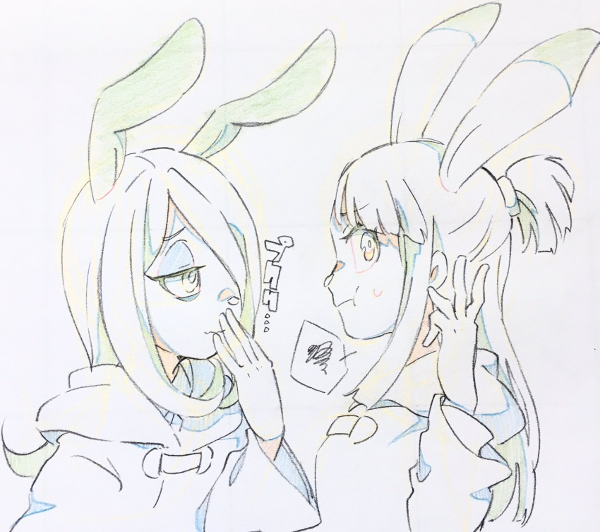 2girls animal_ears bunny_nose covering_mouth eyeshadow hair_over_one_eye hand_over_own_mouth highres ichigo_choco kagari_atsuko little_witch_academia long_hair makeup multiple_girls rabbit_ears simple_background sketch smile sucy_manbavaran sweatdrop