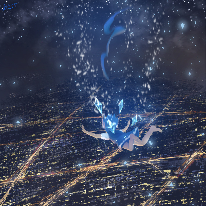 1girl bare_legs barefoot blue_dress blue_hair building cirno city city_lights cityscape commentary_request dress falling from_behind full_body ice ice_wings machin night night_sky outstretched_arms scenery short_sleeves signature sky solo touhou wings