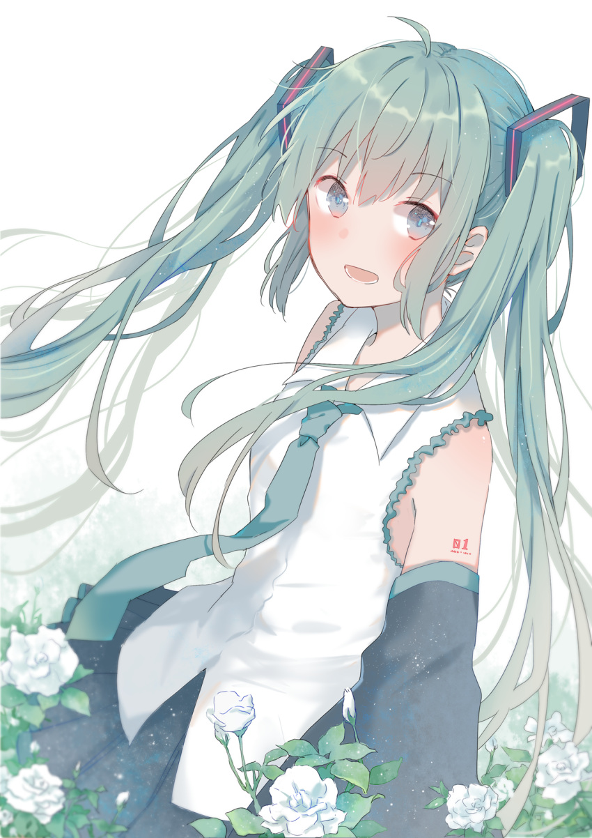 1girl :d ahoge bangs black_skirt blue_eyes blush detached_sleeves dutch_angle eyebrows_visible_through_hair field flower flower_field frilled_shirt frills green_hair hatsune_miku highres long_hair looking_at_viewer mimengfeixue open_mouth shirt shoulder_tattoo skirt sleeveless sleeveless_shirt smile solo tattoo teeth twintails upper_body vocaloid white_flower