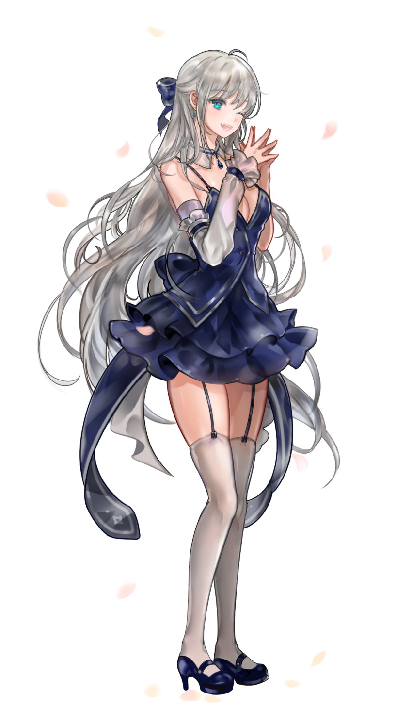 1girl 96dgd ;d ahoge aqua_eyes arm_ribbon bangs bare_shoulders blue_bow blue_dress blue_eyes blue_ribbon blue_shoes bow breasts cleavage detached_collar detached_sleeves dress dungeon_and_fighter earrings eyebrows_visible_through_hair fingers_together full_body garter_straps gem grey_hair hair_bow hands_up high_heels highres jewelry long_hair looking_at_viewer mary_janes medium_breasts necklace no_bra one_eye_closed open_mouth petals pink_lips ribbon shoes simple_background skirt smile solo standing teeth thigh-highs very_long_hair white_background white_legwear
