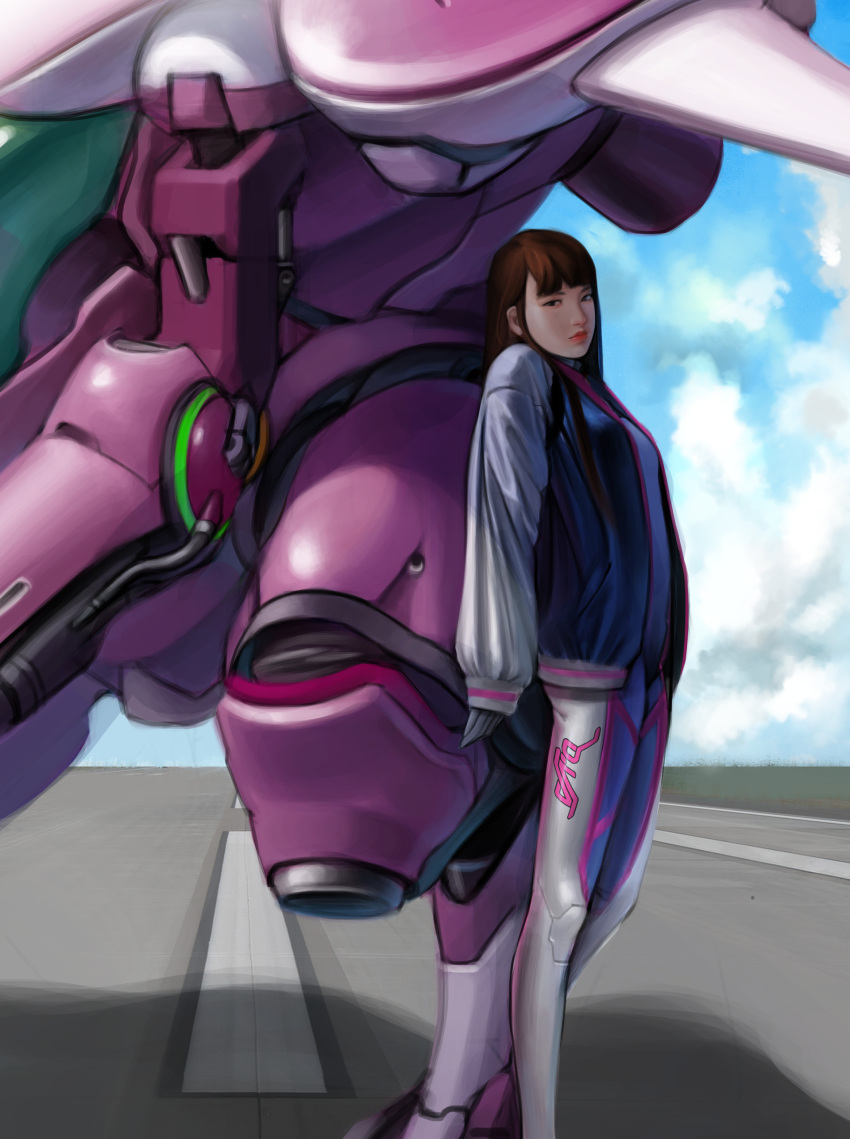 1girl absurdres against_object against_vehicle asian bangs blue_sky bodysuit breasts brown_eyes brown_hair character_name clothes_writing clouds d.va_(overwatch) day emblem facepaint facial_mark headphones high_collar highres jacket jong_hyun_jeon leaning_back long_hair long_sleeves looking_at_viewer looking_to_the_side mecha meka_(overwatch) nose outdoors overwatch pilot_suit pink_lips realistic ribbed_bodysuit runway shadow shoulder_pads skin_tight sky sleeves_past_wrists small_breasts solo standing swept_bangs whisker_markings
