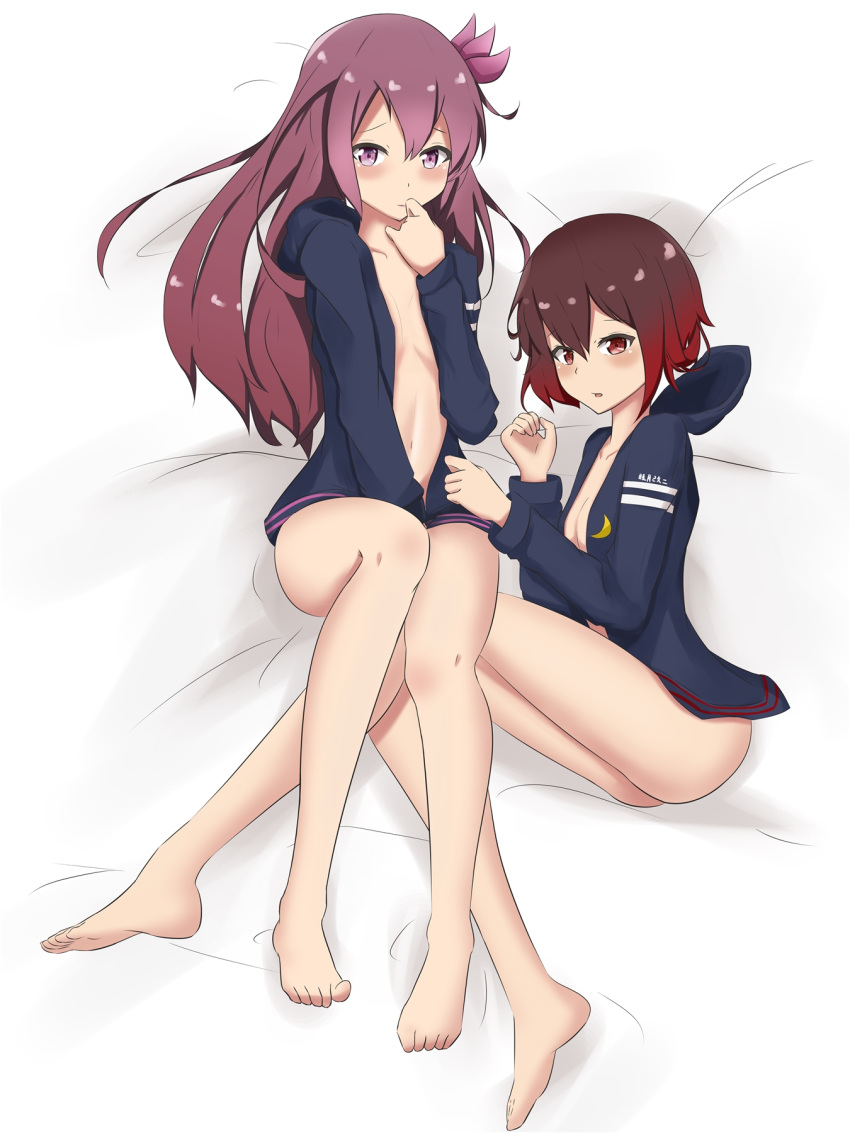 2girls ass bare_legs blush breasts brown_hair crescent_moon_symbol finger_to_mouth highres kantai_collection kisaragi_(kantai_collection) long_hair looking_at_viewer multicolored_hair multiple_girls mutsuki_(kantai_collection) navel open_clothes purple_hair red_eyes redhead short_hair small_breasts thighs violet_eyes vipper_captain