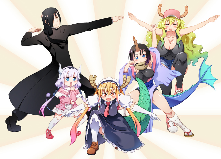 1boy 4girls :d black_hair blonde_hair blue_eyes breasts capelet cleavage commentary_request dragon_ball dragon_girl dragon_horns dragon_tail elma_(maidragon) fafnir_(maidragon) gradient_hair hair_bobbles hair_ornament hairband horns kanna_kamui kobayashi-san_chi_no_maidragon lavender_hair long_hair looking_at_viewer low_twintails maid multicolored_hair multiple_girls open_mouth orange_eyes parody pose quetzalcoatl_(maidragon) red_eyes short_hair slit_pupils smile tail thigh-highs tooru_(maidragon) trait_connection twintails xin_yu_hua_yin zettai_ryouiki