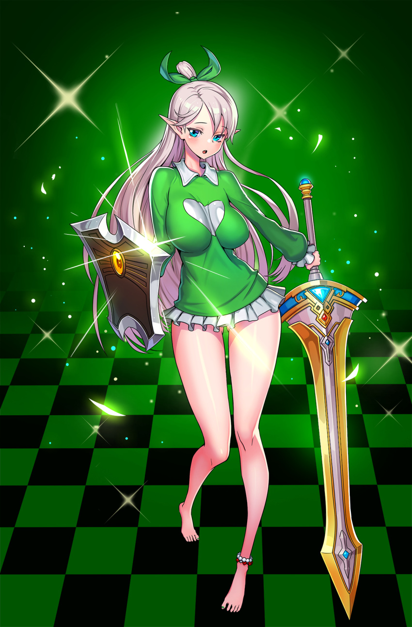 1girl anklet barefoot blue_eyes breasts checkered checkered_floor dungeon_and_fighter elf full_body green_shirt highres jewelry kim_jin_sung knight_(dungeon_and_fighter) large_breasts long_hair looking_at_viewer microskirt pointy_ears shield shirt silver_hair skirt solo sparkle sword very_long_hair weapon