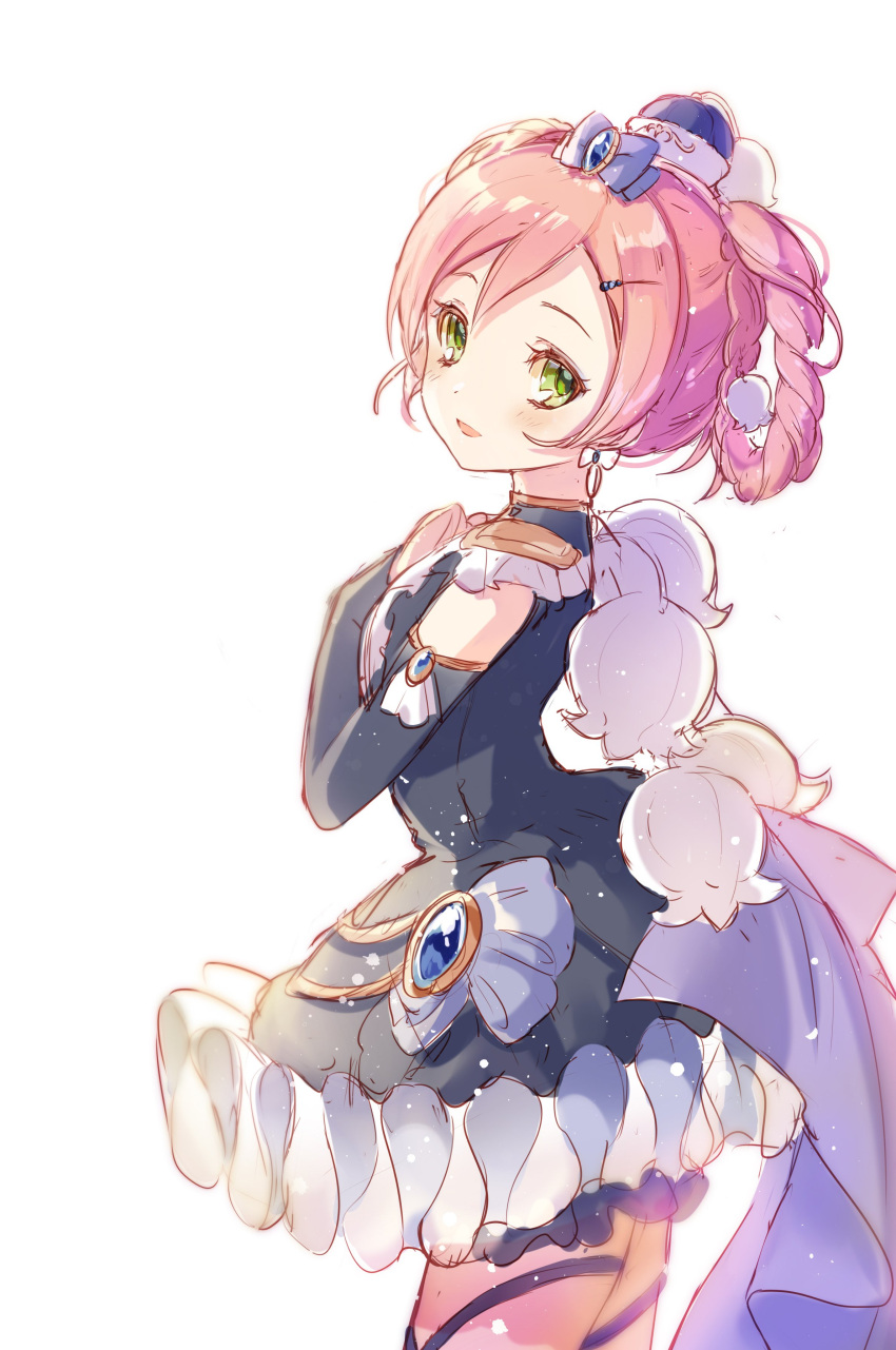 1girl absurdres bluebell_candy blush braid earrings elbow_gloves flower gloves green_eyes hand_on_own_chest hat highres jewelry lily_of_the_valley mahou_shoujo_ikusei_keikaku pink_hair smile solo zof_(kinokoruru)