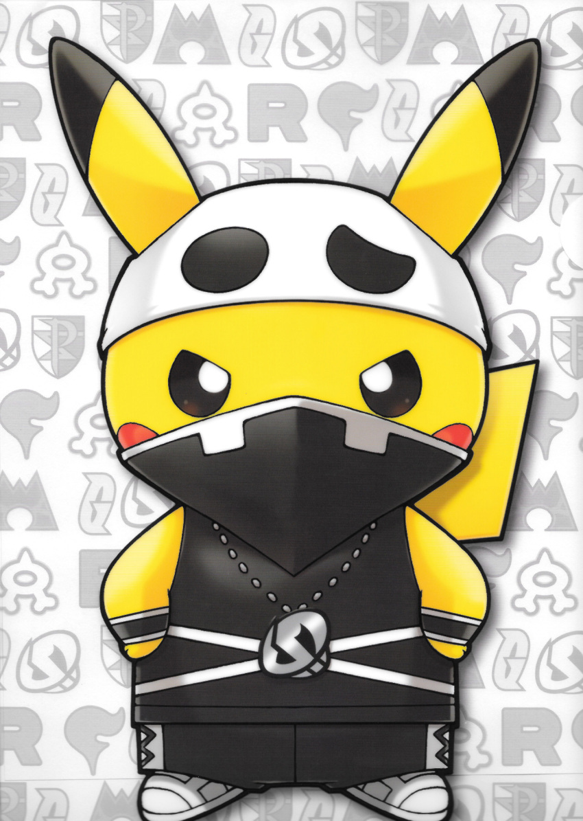 clearfile cosplay highres jewelry necklace no_humans official_art pikachu pokemon shoes shorts sneakers team_skull_grunt team_skull_grunt_(cosplay) white_shoes