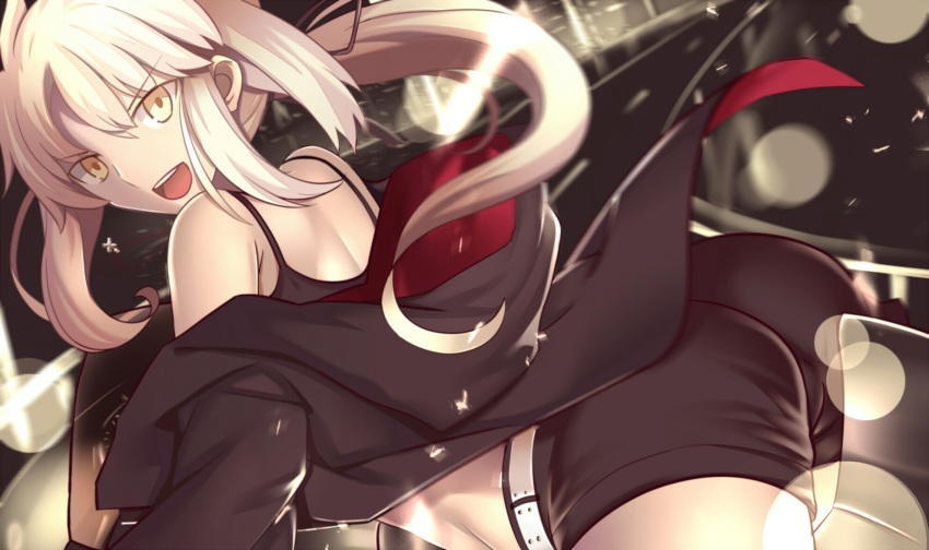 1girl ass bare_shoulders bicycle bike_shorts blonde_hair fate/grand_order fate_(series) ground_vehicle hair_ribbon highres lens_flare_abuse long_hair motion_blur open_mouth paperfinger ponytail ribbon road saber saber_alter solo yellow_eyes