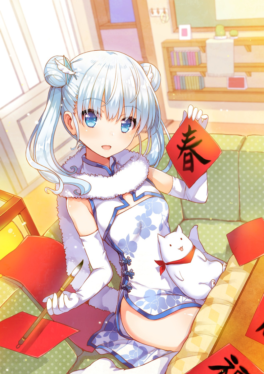1girl :d blue_eyes breasts cat china_dress chinese_clothes couch dress elbow_gloves eyebrows_visible_through_hair gloves head_tilt highres holding kaworu kaworu_(1030) kuuki_shoujo long_hair looking_at_viewer open_mouth scarf silver_hair sitting small_breasts smile solo the_personification_of_atmosphere twintails white_gloves white_scarf