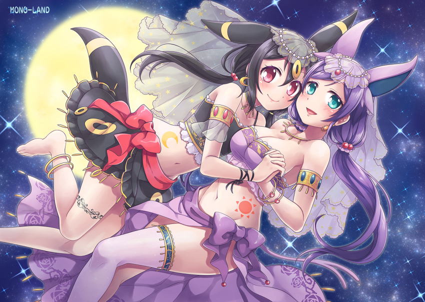 2girls animal_ears aqua_eyes bangle black_hair bracelet breasts cleavage cosplay crescent_moon_symbol earrings espeon espeon_(cosplay) full_moon hand_holding interlocked_fingers jewelry love_live! love_live!_school_idol_project low_twintails mono_land moon multiple_girls necklace open_mouth pokemon purple_hair red_eyes sky smile sparkle star_(sky) starry_sky sun_(symbol) tail tattoo thigh-highs toujou_nozomi twintails umbreon umbreon_(cosplay) white_legwear yazawa_nico