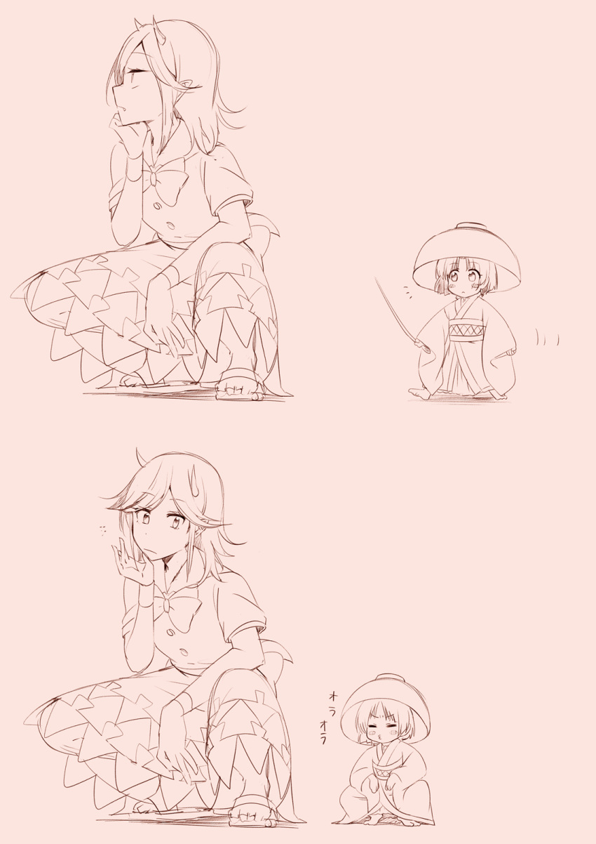 2girls 2koma barefoot blush_stickers bow bowtie closed_eyes comic frown head_rest highres horns imitating japanese_clothes kijin_seija ksk_(semicha_keisuke) minigirl monochrome multiple_girls needle pointy_ears sandals silent_comic squatting sukuna_shinmyoumaru touhou