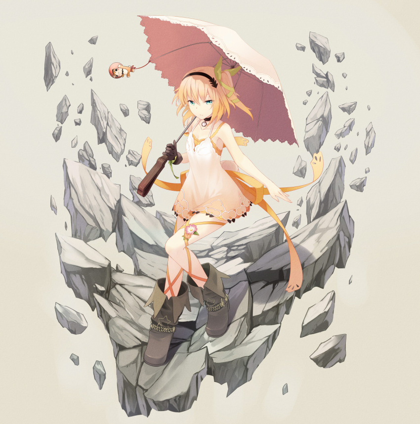 1girl armpits bare_shoulders black_boots black_gloves blonde_hair blue_eyes boots chemise choker cloudy.r collarbone dress edna_(tales) flat_chest full_body gloves hairband highres holding holding_umbrella looking_at_viewer orange_dress rock short_dress short_hair single_glove solo standing tales_of_(series) tales_of_zestiria umbrella