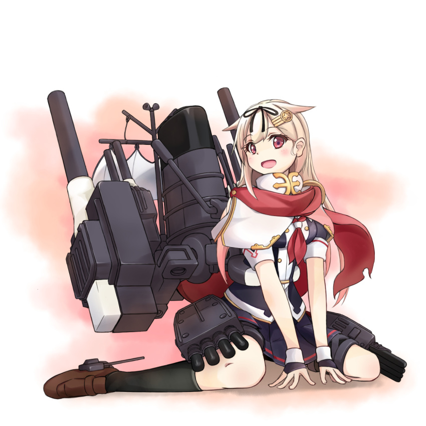 1girl adapted_costume alternate_costume black_ribbon black_serafuku black_skirt blonde_hair cannon commentary_request fingerless_gloves gloves gradient_hair hair_flaps hair_ornament hair_ribbon hairclip highres kantai_collection long_hair looking_at_viewer machinery minosu multicolored_hair open_mouth pleated_skirt red_eyes red_scarf remodel_(kantai_collection) ribbon running scarf school_uniform serafuku sitting skirt smokestack solo turret wariza white_scarf yuudachi_(kantai_collection)