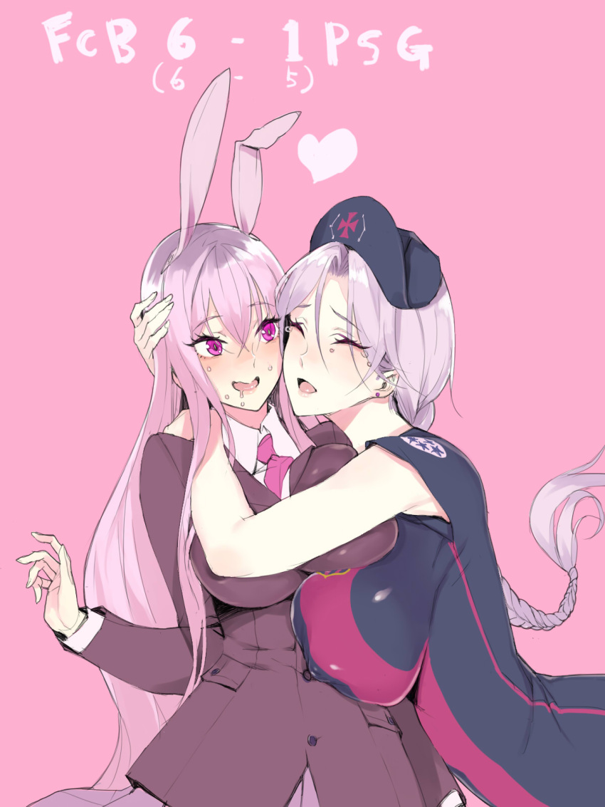 2girls :d ^_^ ^o^ animal_ears blush breast_press breasts closed_eyes fakepucco hat highres hug large_breasts lavender_hair long_hair multiple_girls necktie open_mouth pink_background rabbit_ears reisen_udongein_inaba saliva silver_hair simple_background smile sweat tears touhou violet_eyes yagokoro_eirin