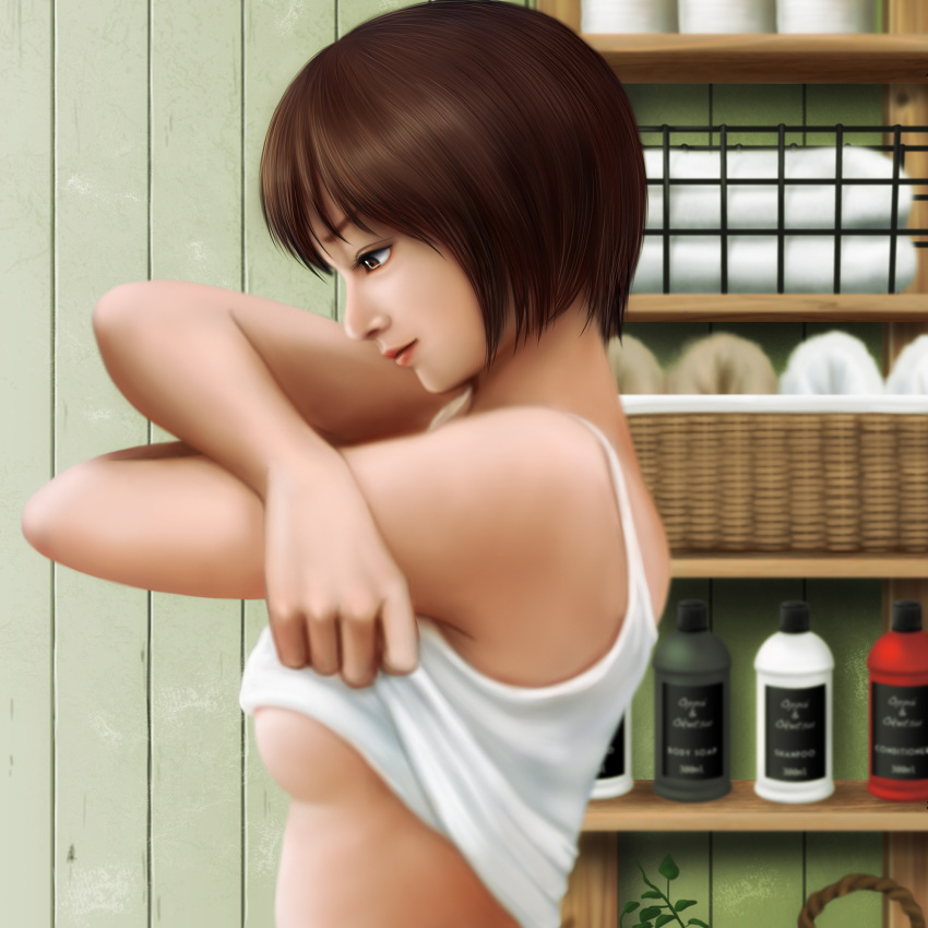 1girl basket blurry bottle breasts brown_eyes brown_hair crossed_arms depth_of_field ebi_(eeotoko) from_side highres medium_breasts original plant shirt solo tank_top towel under_boob undressing white_shirt wooden_wall