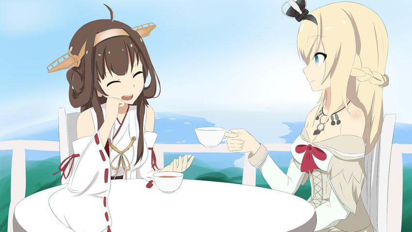 2girls ^_^ ahoge bare_shoulders blonde_hair blue_eyes braid breasts brown_hair chin_rest cleavage closed_eyes cup detached_sleeves french_braid headgear kantai_collection kongou_(kantai_collection) long_hair multiple_girls nontraditional_miko smile tea teacup vipper_captain warspite_(kantai_collection)