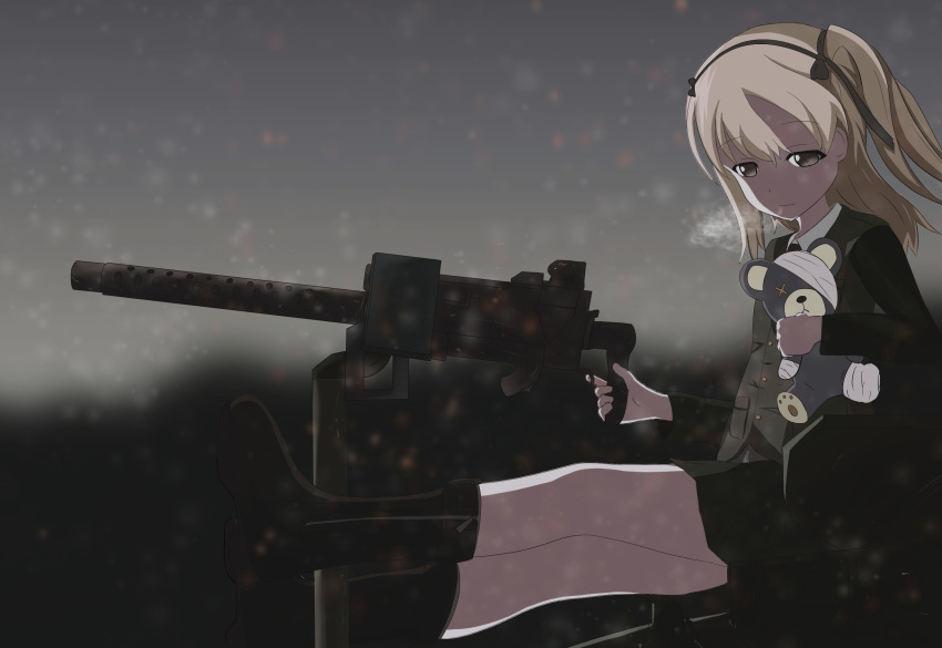 1girl bandage blonde_hair boko_(girls_und_panzer) boots brown_eyes girls_und_panzer hair_between_eyes highres legs_crossed long_hair m1919 shimada_arisu short_twintails solo twintails vipper_captain