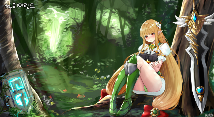 blonde_hair blush boots elf flower forest hair_flower hair_ornament lily_(flower) long_hair looking_at_viewer low-tied_long_hair miniskirt nature original panties pantyshot pointy_ears puffy_sleeves red_eyes shaojiang sitting skirt sword tree two-handed_sword underwear very_long_hair weapon