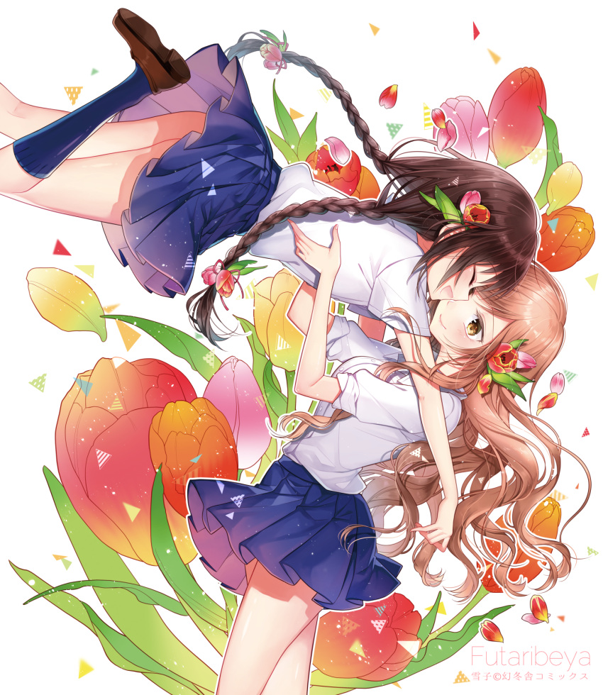 2girls artist_name blue_skirt braid brown_eyes brown_hair brown_shoes closed_eyes copyright_name cover cover_page face-to-face flower futaribeya hair_flower hair_ornament highres kawawa_sakurako kneehighs long_hair multiple_girls navy_blue_legwear open_mouth outline petals pleated_skirt school_uniform shirt shoes short_sleeves skirt smile tulip twin_braids watermark wavy_hair white_outline white_shirt yamabuki_kasumi yukinokoe yuri