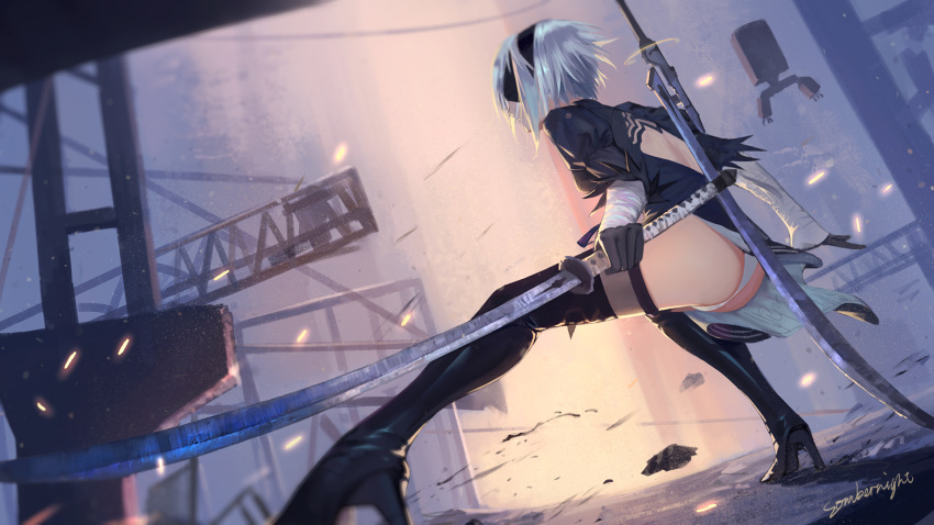 1girl artist_name back_opening bangs black_boots black_dress black_gloves black_hairband black_legwear black_ribbon blindfold boots breasts brown_legwear closed_mouth covered_eyes crane dress drone fighting_stance floating from_side gloves hairband high_heel_boots high_heels highres holding holding_sword holding_weapon juliet_sleeves katana legs_apart light_particles long_sleeves machinery nier_(series) nier_automata open-back_dress pod_(nier_automata) profile puffy_sleeves ribbed_dress ribbon robot short_dress short_hair side_slit signature silver_hair small_breasts solo sombernight squatting sword tassel thigh-highs thigh_boots vambraces weapon yorha_no._2_type_b