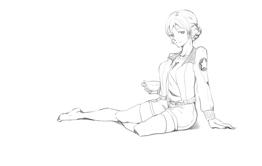 1girl alternate_costume arm_support barefoot bomber_jacket cup darjeeling girls_und_panzer highres jacket looking_at_viewer short_hair shorts sketch solo teacup traditional_media white_background