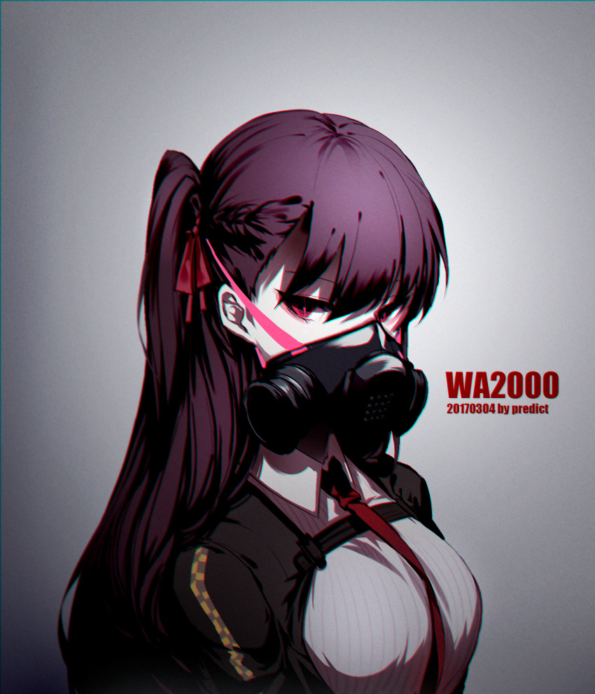 1girl artist_name character_name commentary dated gas_mask girls_frontline hair_ribbon half_updo highres long_hair looking_at_viewer necktie predict purple_hair red_necktie ribbon serious side_ponytail solo sparkling_eyes violet_eyes wa2000_(girls_frontline)