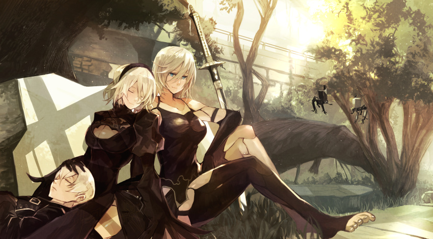 1boy 2girls absurdres android closed_eyes hairband highres lap_pillow mono_(jdaj) multiple_girls nier_(series) nier_automata pod_(nier_automata) silver_hair sleeping sleeping_on_person smile sword toeless_legwear weapon yorha_no._2_type_b yorha_no._9_type_s yorha_type_a_no._2