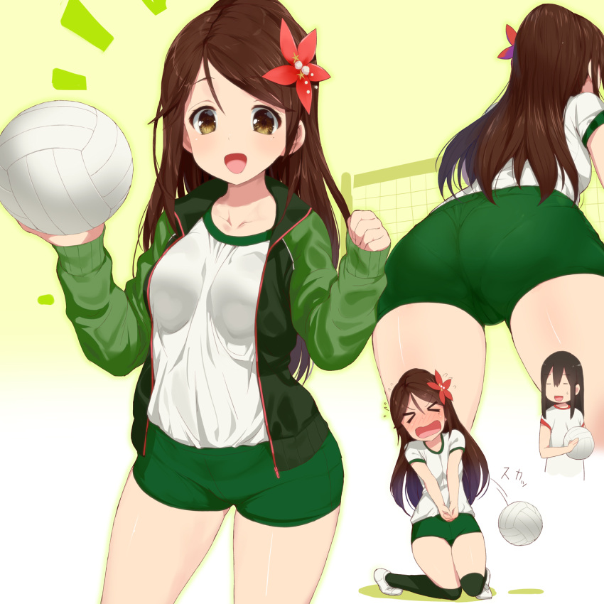 &gt;_&lt; +++ 2girls :d akagi_(kantai_collection) amagi_(kantai_collection) ass blush breasts brown_eyes brown_hair clenched_hand closed_eyes collarbone embarrassed eyebrows_visible_through_hair flower flying_sweatdrops green_jacket green_shorts gym_uniform hair_flower hair_ornament highres holding jacket kantai_collection kneeling kusaka_souji long_hair medium_breasts mole mole_under_eye motion_lines multiple_girls multiple_views nose_blush open_clothes open_jacket open_mouth over-kneehighs own_hands_together shirt shoes short_shorts short_sleeves shorts sleeves_past_wrists smile thigh-highs track_jacket volleyball volleyball_net white_shirt white_shoes