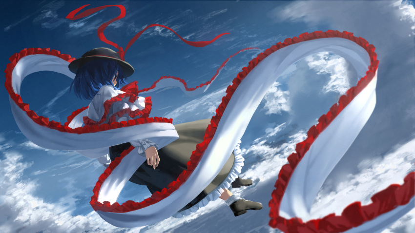 1girl ascot black_shoes black_skirt blue_hair bobby_socks capelet clouds cloudy_sky commentary_request floating frilled_skirt frills from_side hagoromo hat highres long_skirt long_sleeves nagae_iku red_eyes red_ribbon ribbon shawl shoes short_hair skirt sky socks solo suna_(s73d) touhou