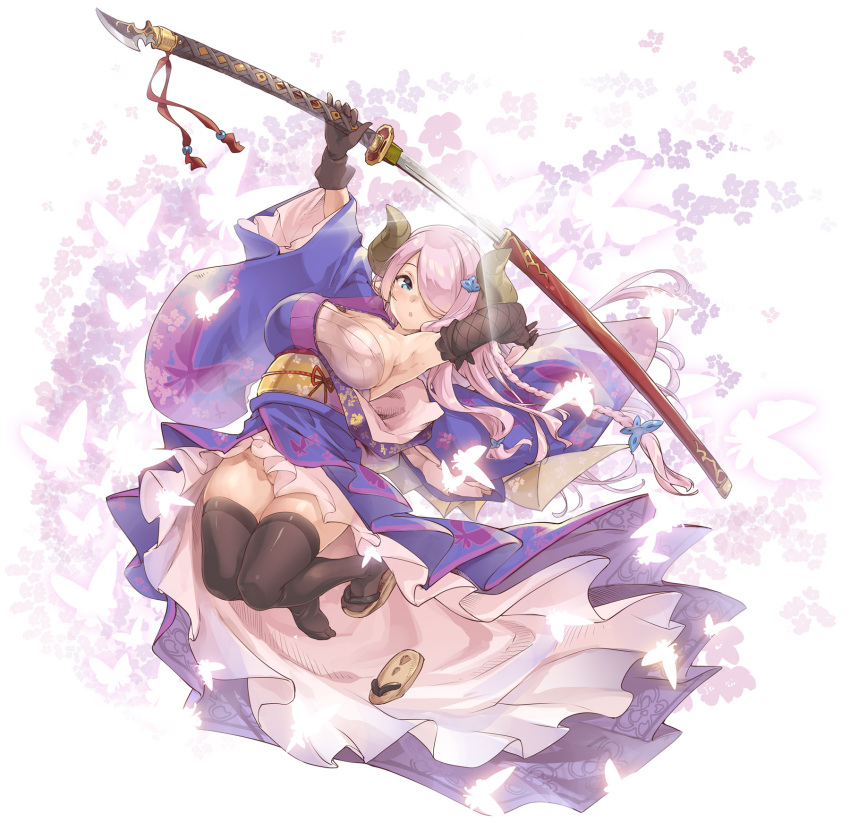 1girl armpits asymmetrical_gloves blue_eyes breasts butterfly doraf floral_background gloves granblue_fantasy hair_over_one_eye highres horns japanese_clothes katana large_breasts long_hair looking_to_the_side narumeia_(granblue_fantasy) pink_hair sandals sarashi sword tagme thigh-highs thomasz weapon