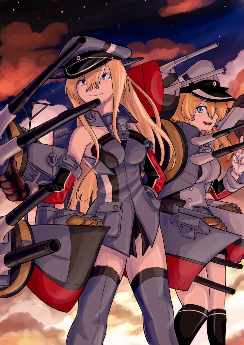 2girls anchor_hair_ornament bismarck_(kantai_collection) blonde_hair blue_eyes brown_gloves clouds cloudy_sky detached_sleeves gloves hair_ornament hand_on_hip highres hyakusei kantai_collection kneehighs long_hair machinery multiple_girls pleated_skirt prinz_eugen_(kantai_collection) skirt sky star_(sky) starry_sky thigh-highs thumbs_up turret twilight twintails v white_gloves